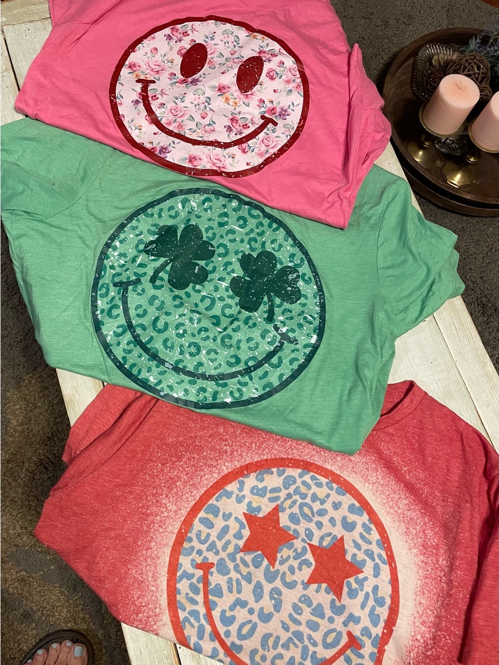Graphic Smile Face Tees - Pink, Green, Coral